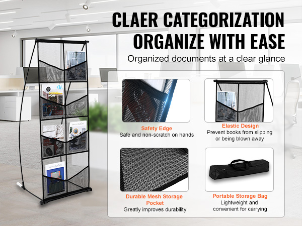 VEVOR brochure display stand with mesh pockets for organized document storage in an office setting.