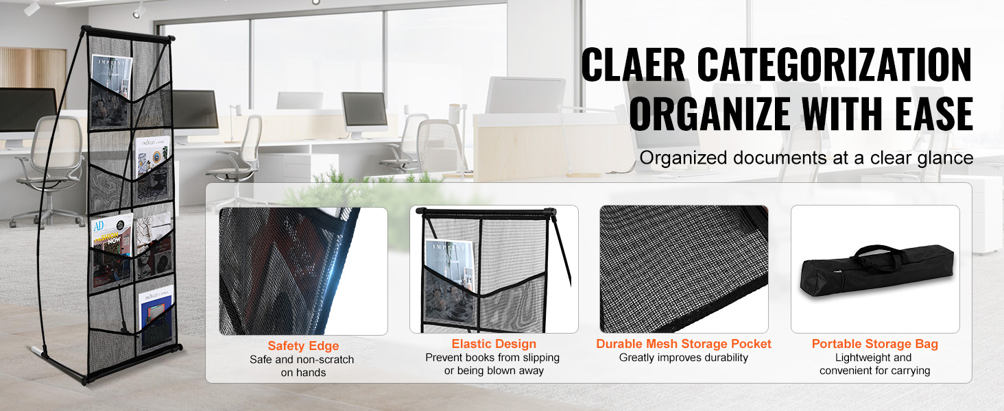 VEVOR brochure display stand with mesh pockets for organized document storage in an office setting.