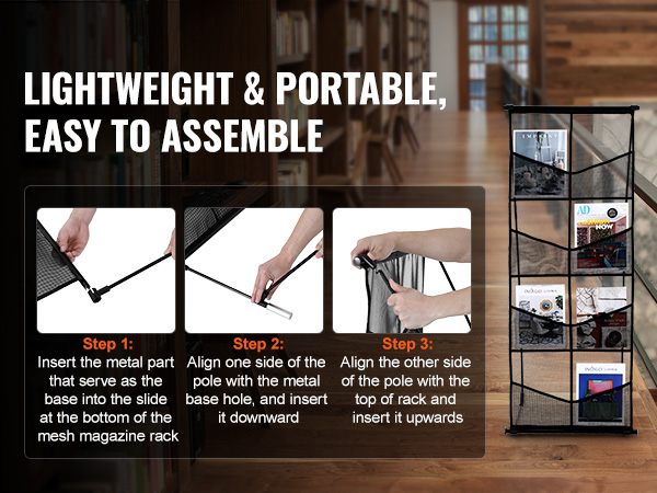 lightweight, portable VEVOR brochure display stand with 3-step assembly guide in a library setting.