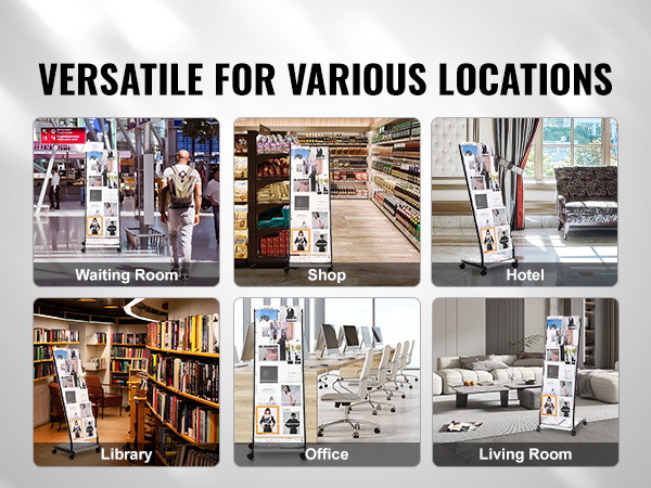 VEVOR brochure display rack: versatile use in waiting room, shop, hotel, library, office, and living room.