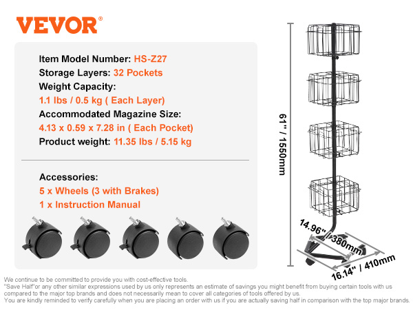 VEVOR brochure display rack with 32 pockets, 5 wheels, and 61-inch tall metal frame for magazine storage.