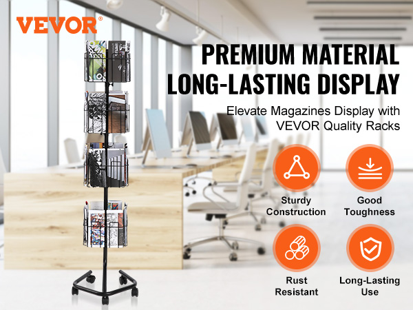 VEVOR brochure display rack in modern office, highlighting sturdy construction, toughness, rust resistance, and long-lasting use.