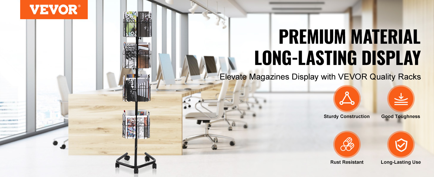 VEVOR brochure display rack in modern office, highlighting sturdy construction, toughness, rust resistance, and long-lasting use.