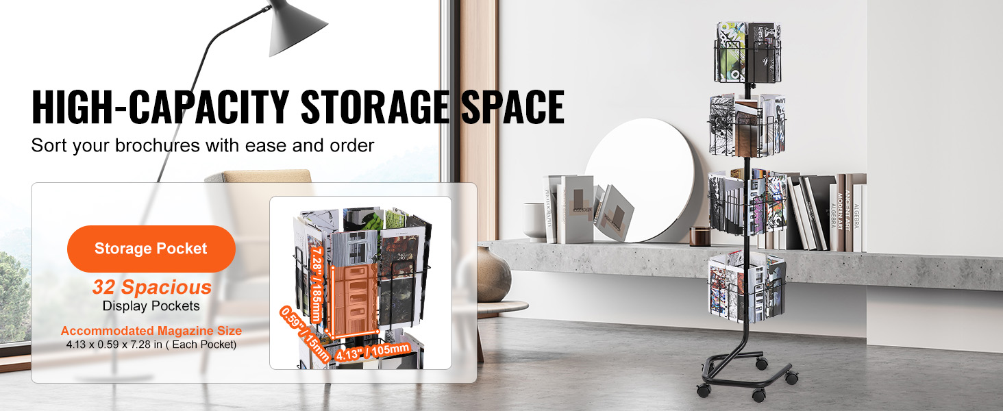 VEVOR brochure display rack with 32 spacious display pockets for high-capacity storage space.