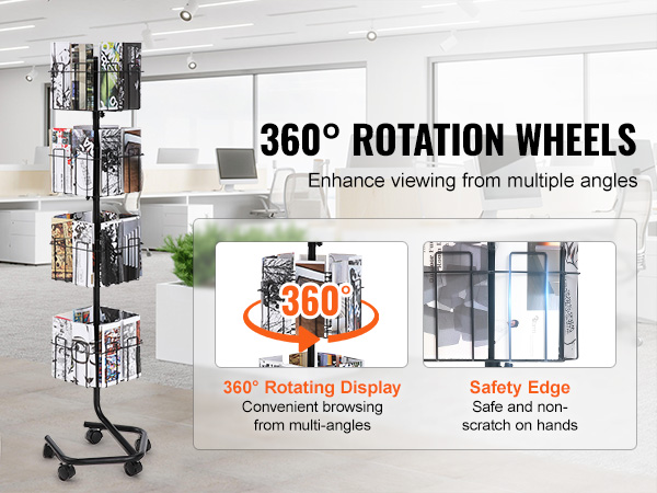 VEVOR brochure display rack with 360° rotation wheels in modern office setting, highlighting safety edge.