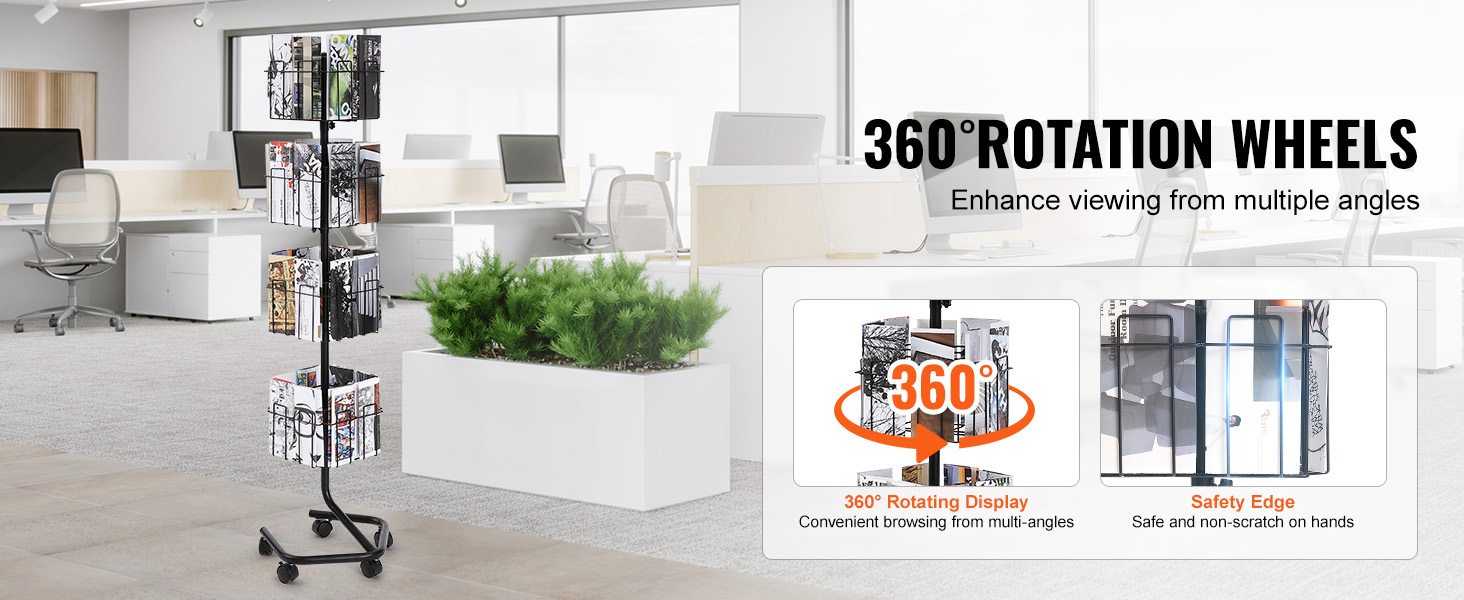 VEVOR brochure display rack with 360° rotation wheels in modern office setting, highlighting safety edge.