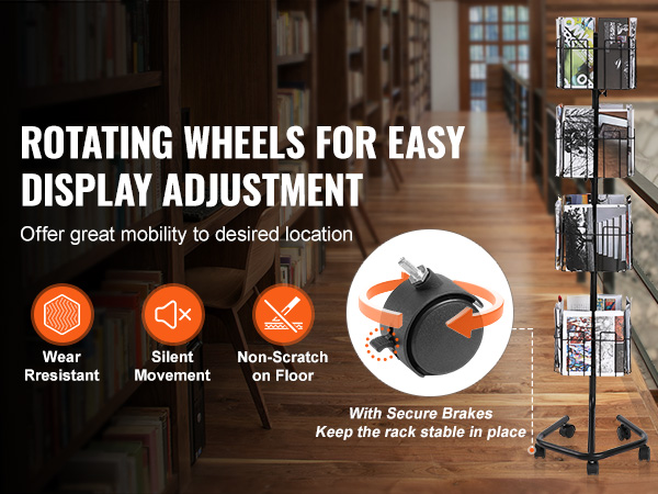 VEVOR brochure display rack with rotating wheels and secure brakes in a library setting.