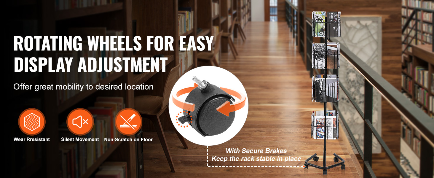 VEVOR brochure display rack with rotating wheels and secure brakes in a library setting.