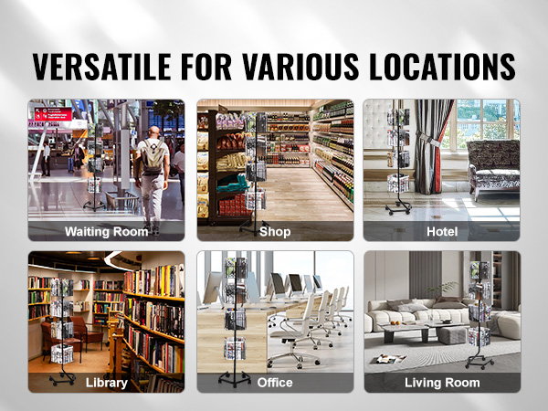 VEVOR brochure display rack in library, office, shop, hotel, living room, and waiting room settings.