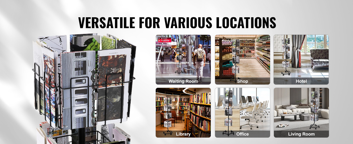 VEVOR brochure display rack in library, office, shop, hotel, living room, and waiting room settings.