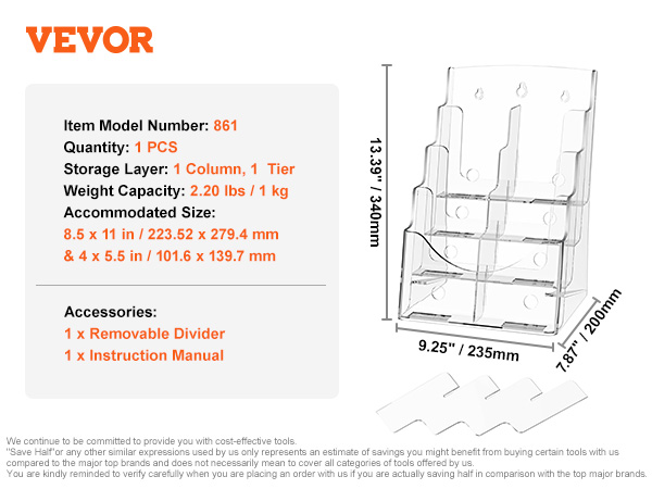 VEVOR acrylic brochure holder, 1 column, 1 tier, fits 8.5x11 and 4x5.5 inches, includes removable divider.