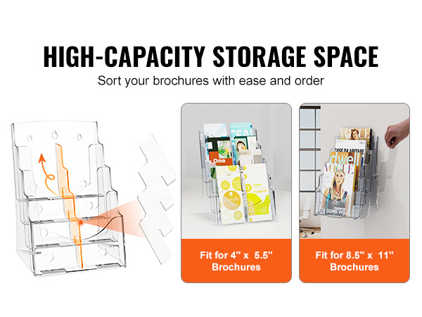 VEVOR acrylic brochure holder with high-capacity storage for 4"x5.5" and 8.5"x11" brochures.