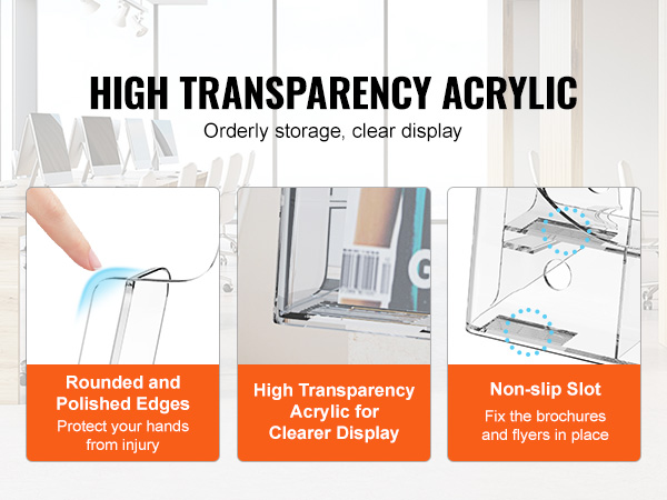 VEVOR acrylic brochure holder with high transparency, rounded edges, and non-slip slots for clear display.