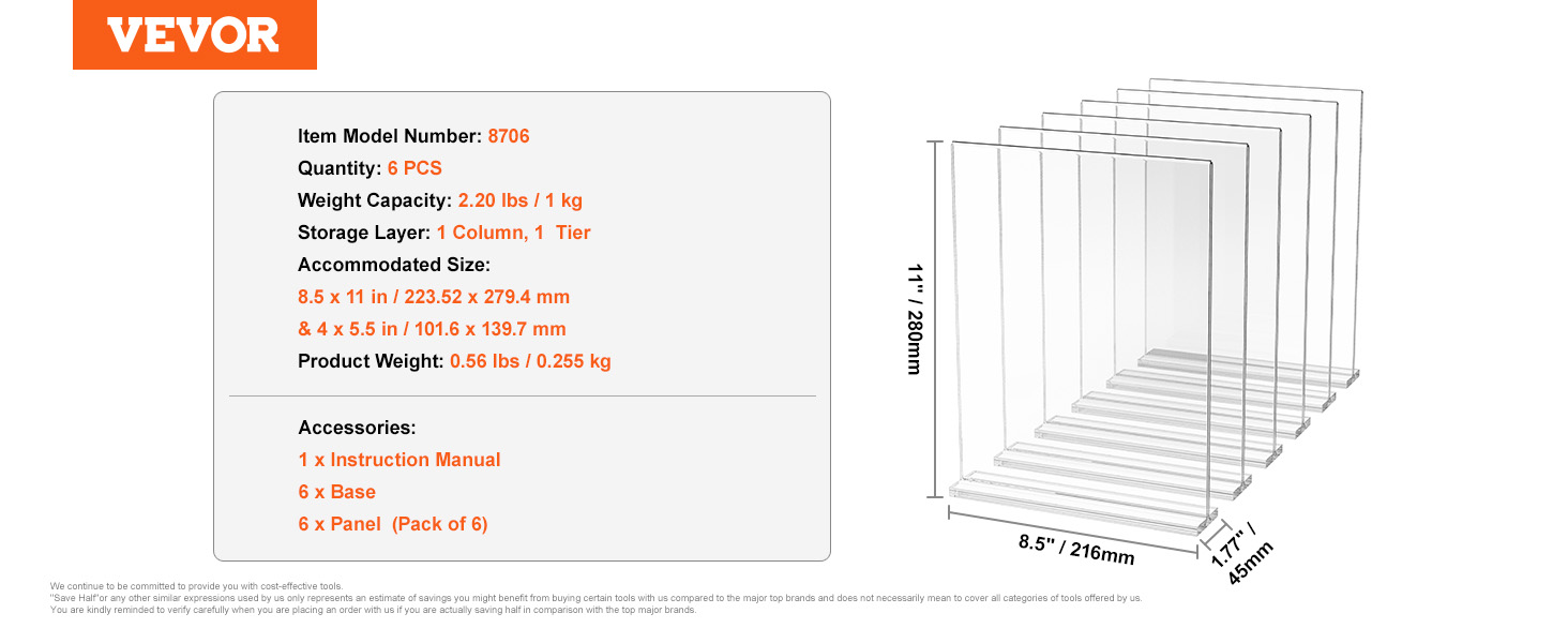 VEVOR acrylic sign holder - 6 pcs, 8.5x11in, 1 column, 1 tier, includes bases and panels.