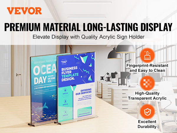 VEVOR acrylic sign holder on wooden table in modern office, showcasing flyers with premium materials.