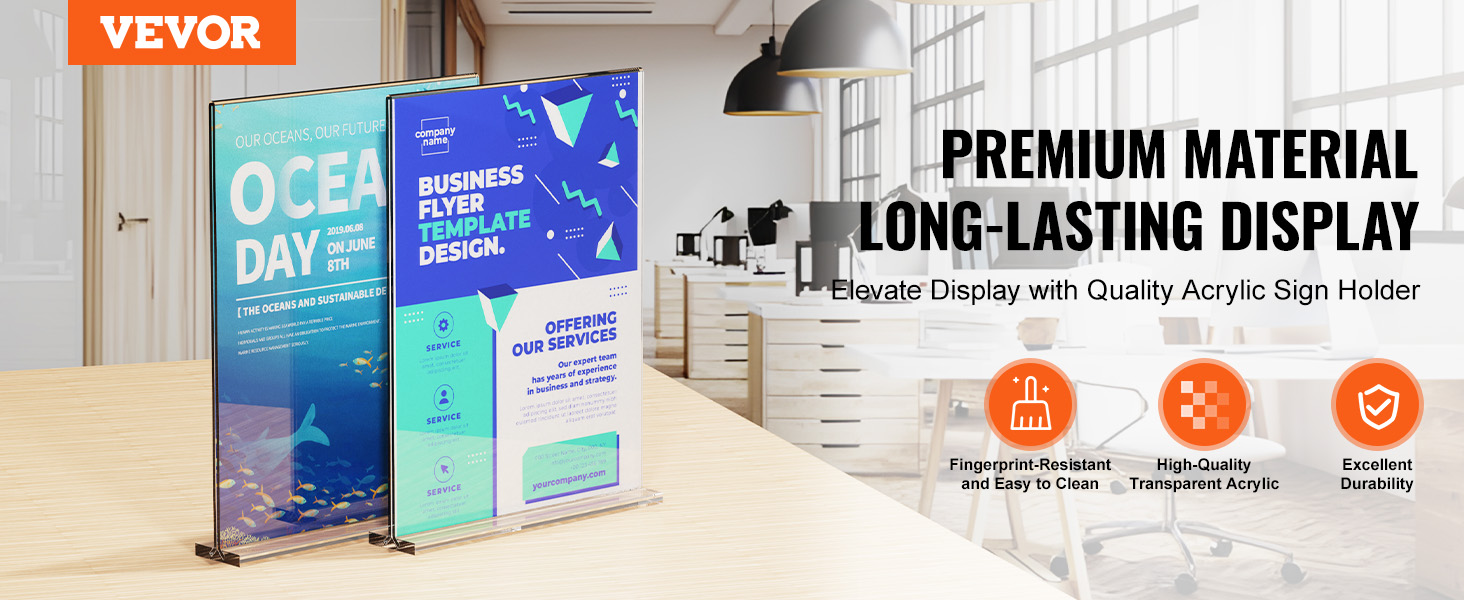 VEVOR acrylic sign holder on wooden table in modern office, showcasing flyers with premium materials.