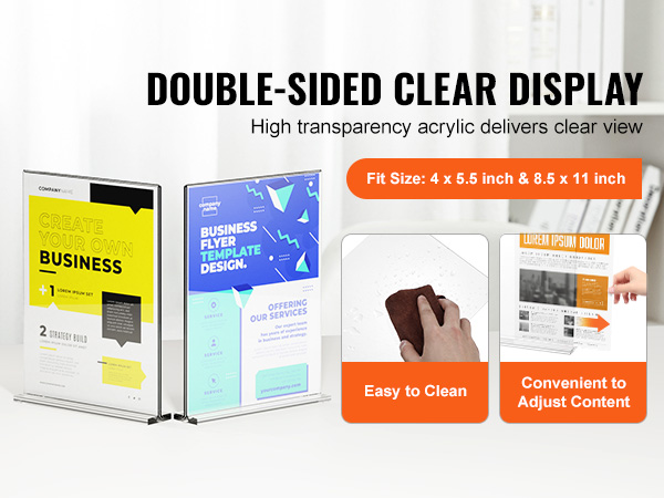 double-sided VEVOR acrylic sign holder with clear display, ideal for business flyers and easy to clean.