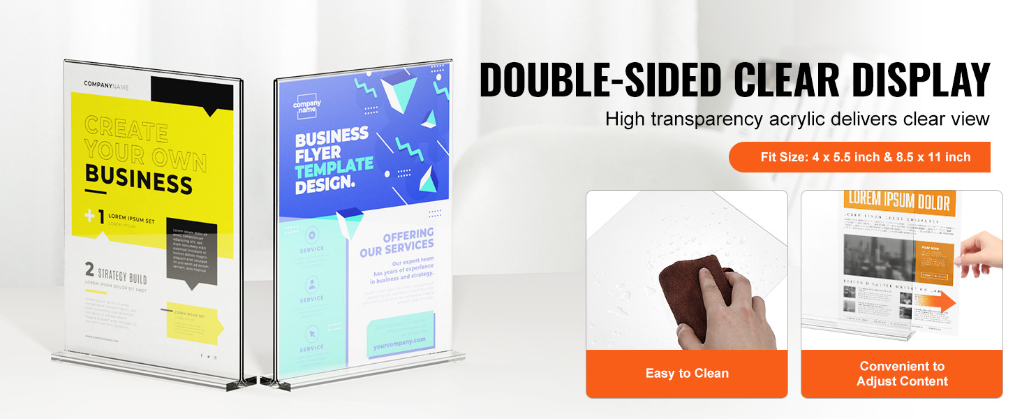 double-sided VEVOR acrylic sign holder with clear display, ideal for business flyers and easy to clean.