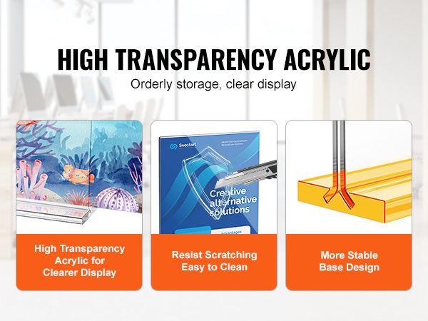 high transparency acrylic; resist scratching; more stable base design; VEVOR acrylic sign holder.