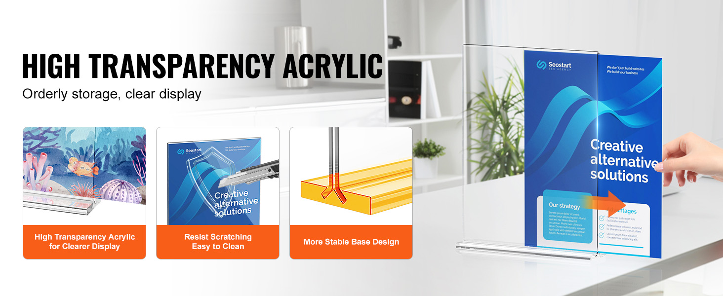 high transparency acrylic; resist scratching; more stable base design; VEVOR acrylic sign holder.