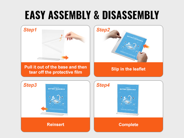 easy assembly steps for the VEVOR acrylic sign holder: remove film, insert leaflet, reinsert, complete.