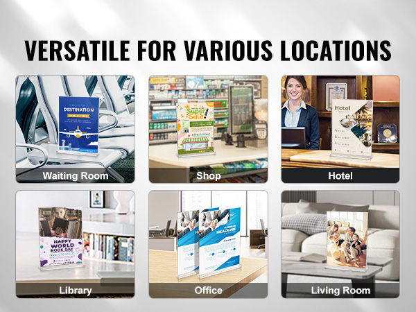 VEVOR acrylic sign holder for versatile use in waiting room, shop, hotel, library, office, and living room.