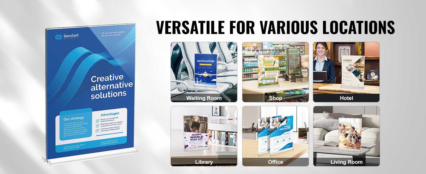 VEVOR acrylic sign holder for versatile use in waiting room, shop, hotel, library, office, and living room.