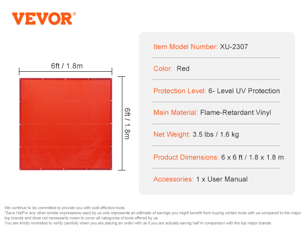 red VEVOR welding curtain, 6x6 ft flame-retardant vinyl, 6-level uv protection, with user manual.