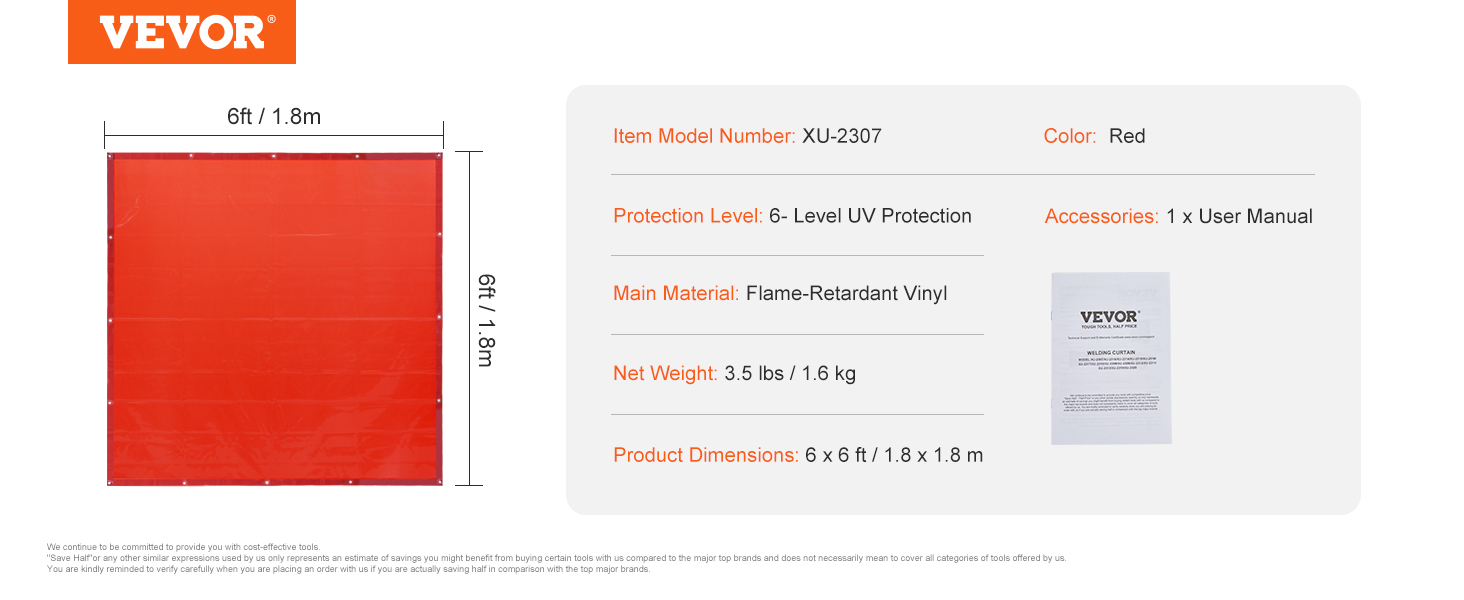 red VEVOR welding curtain, 6x6 ft flame-retardant vinyl, 6-level uv protection, with user manual.
