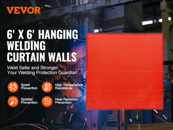 VEVOR welding curtain walls, 6' x 6', includes features like sparks, gas, splash, and heat isolation.
