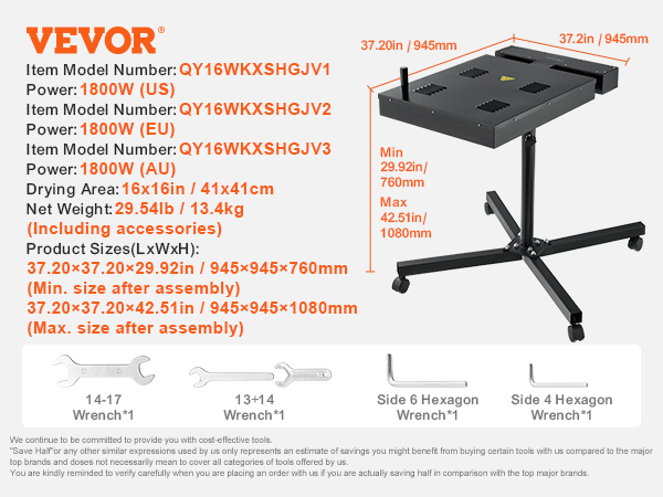 VEVOR flash dryer with 16x16in drying area, 1800w power, and adjustable height. includes wrenches.