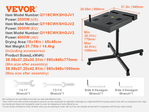 VEVOR pro flash dryer, 2000w-3000w power, adjustable height, 18x18in drying area, and tools included.