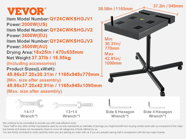 VEVOR flash dryer with adjustable height, 18x25in drying area, 2000w-3600w power, and assembly wrenches.