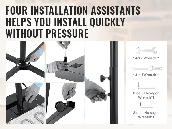 four installation steps for VEVOR flash dryer using provided wrenches and hex keys for easy setup.