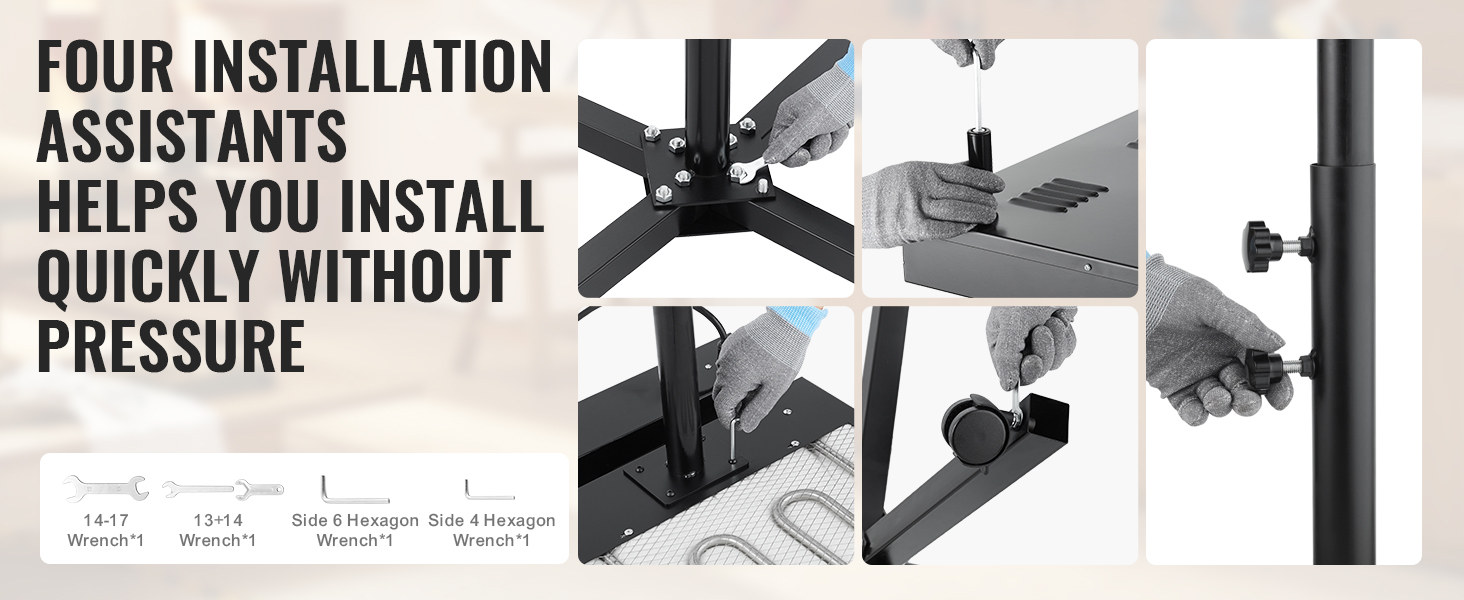 four installation steps for VEVOR flash dryer using provided wrenches and hex keys for easy setup.