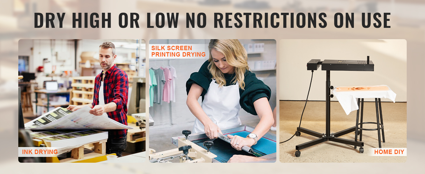 VEVOR flash dryer showcased for ink drying, silk screen printing drying, and home diy projects.