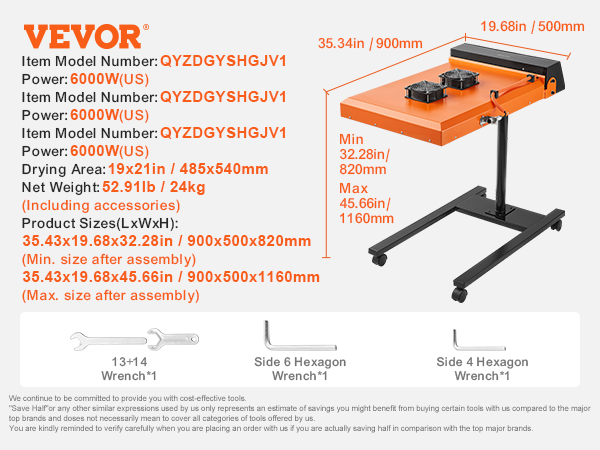VEVOR flash dryer details: 6000w models for us, eu, au; 19x21in drying area; 52.91lb; adjustable height.