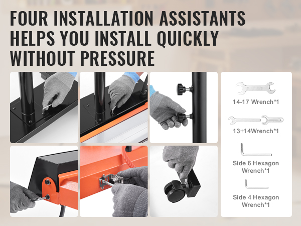four installation steps for the VEVOR flash dryer with tools and close-up views of each step.