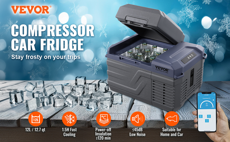 VEVOR car refrigerator, 12l capacity, ice cubes, bottles, smartphone control, fast cooling and low noise