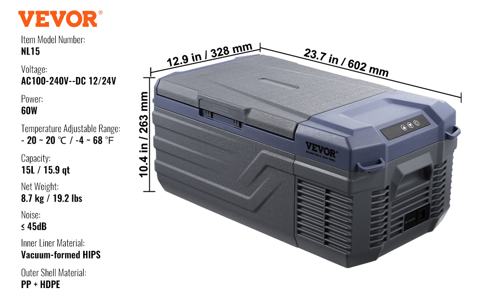 VEVOR car refrigerator nl15 with 15l capacity, dimensions, temperature range, and power specifications shown.