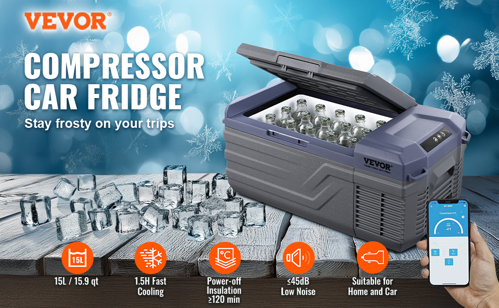 VEVOR car refrigerator: 15l capacity, fast cooling, low noise, home/car use, and smartphone control.