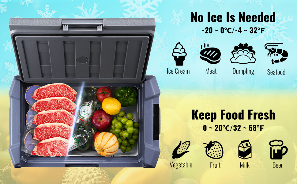 VEVOR car refrigerator with meat and vegetables inside, showcasing temperature control for fresh food.