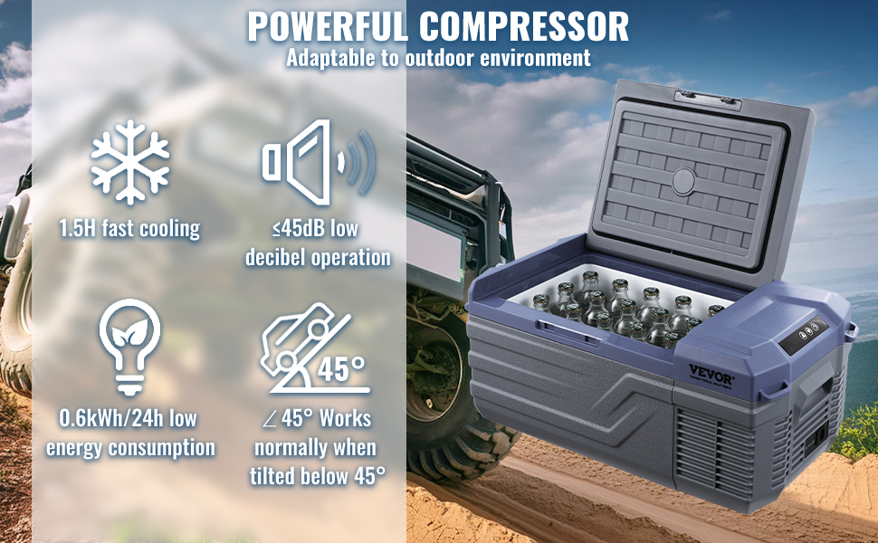 VEVOR car refrigerator with powerful compressor, low energy use, fast cooling, and low noise.
