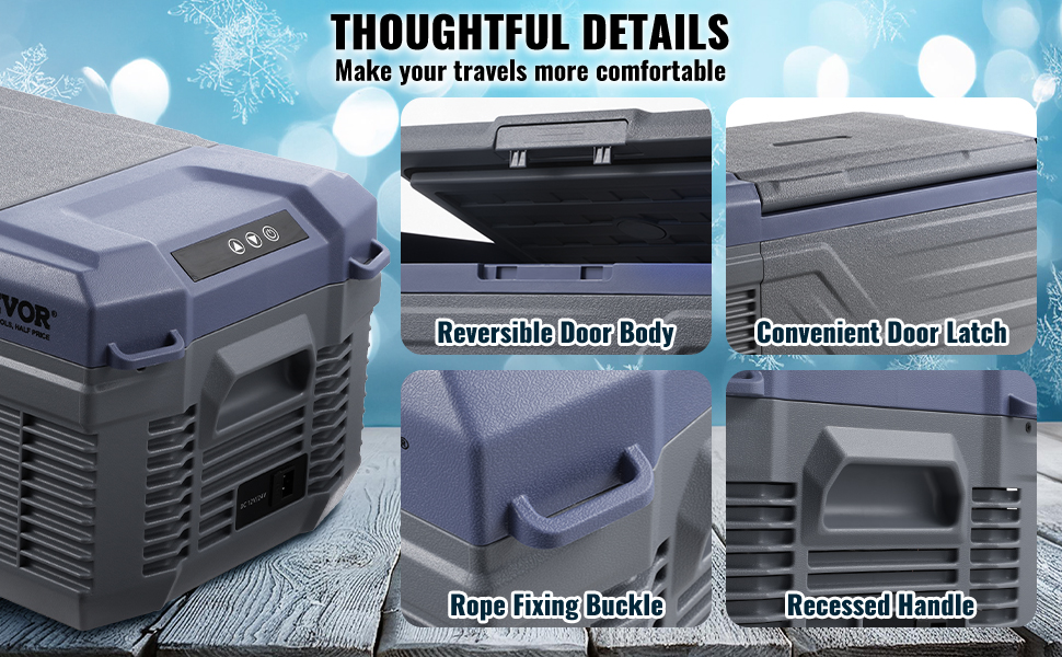 VEVOR car refrigerator with reversible door, convenient latch, rope fixing buckle, and recessed handle.