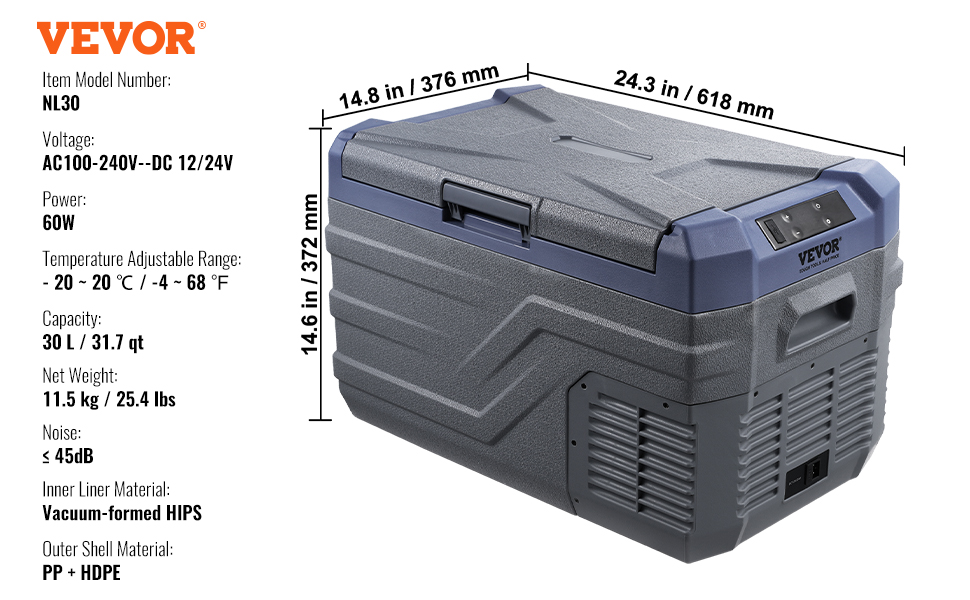 VEVOR portable car refrigerator nl30, 30l capacity, 14.8x24.3x14.6 inches, 60w, temp range -4°f to 68°f.