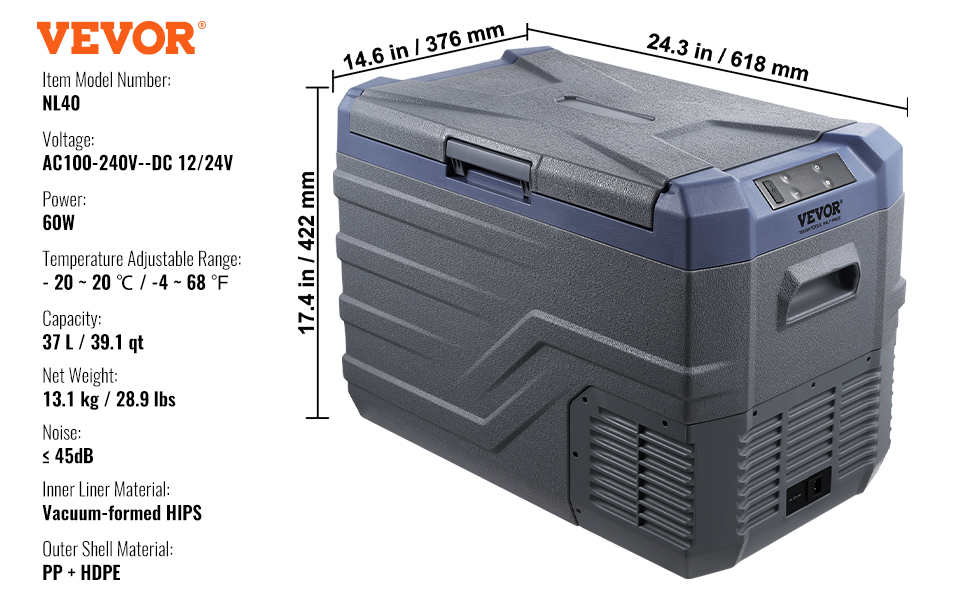 VEVOR portable car refrigerator with digital display, 37l capacity, and dimensions of 24.3x14.6x17.4 inches.