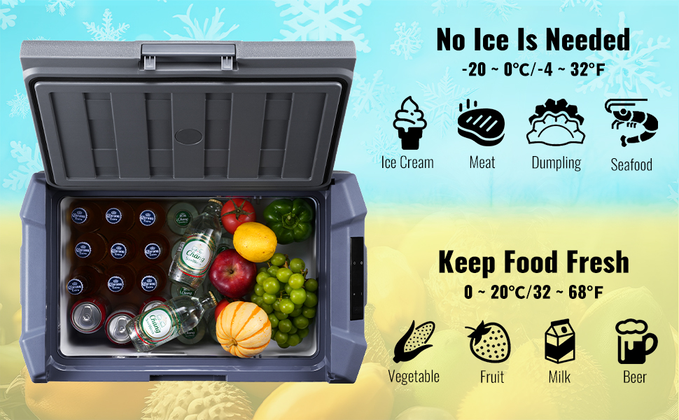 VEVOR portable car refrigerator with beverages, fruits, and vegetables; no ice needed, keeps food fresh.