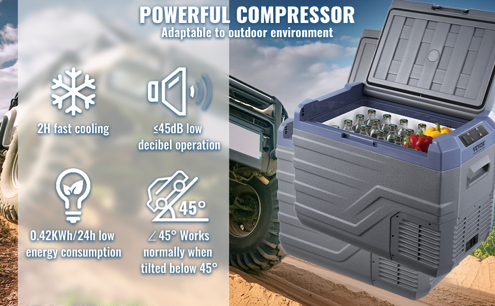 VEVOR portable car refrigerator with powerful compressor, 2h fast cooling, and low energy consumption.