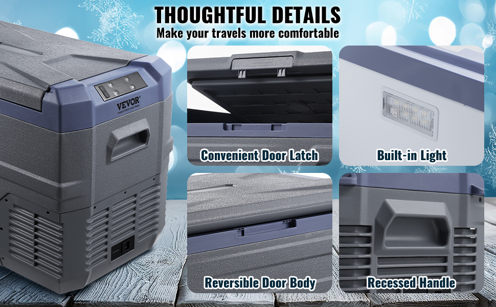VEVOR portable car refrigerator with built-in light, reversible door, latch, and recessed handle.