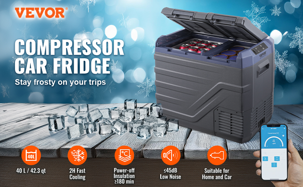 VEVOR car refrigerator with ice cubes, showing interior beverage storage, cooling features, and mobile control.